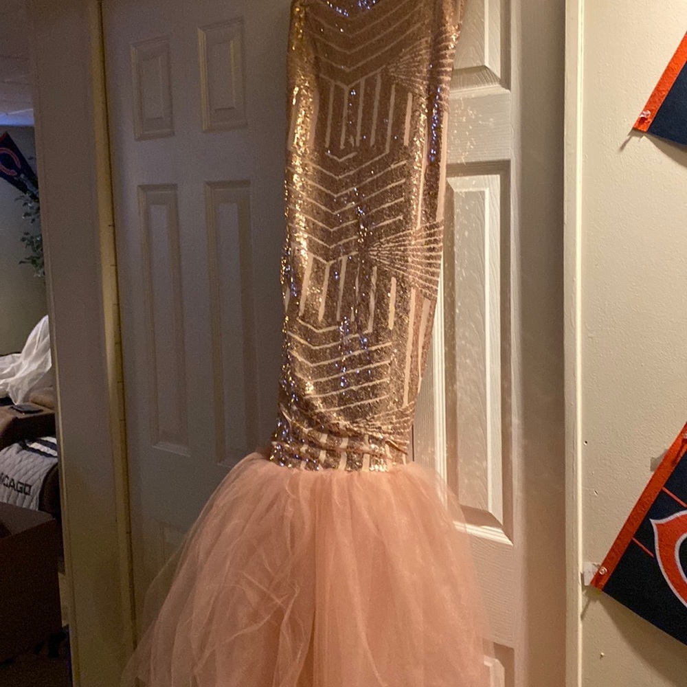 Metallic gold halter prom dress
